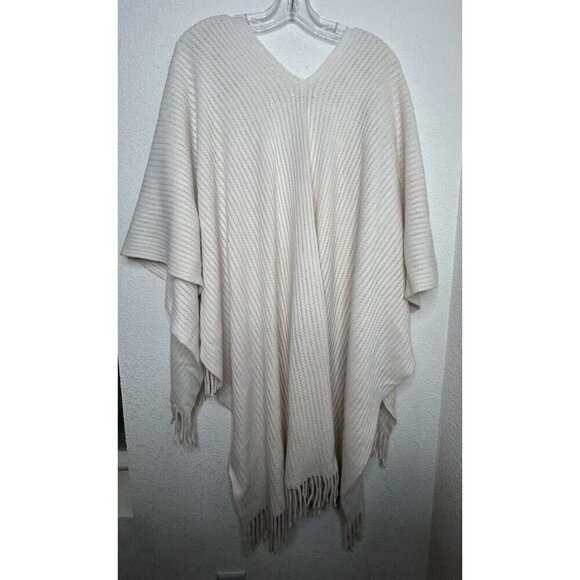 Loft Sweater Wrap Poncho Open Front Cream Knit Fringe One Size Lightweight - Picture 2 of 4